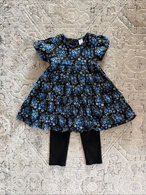 Baby Gap 3T Black Floral Tiered Dress with Blue Roses & Black Ribbed Leggings